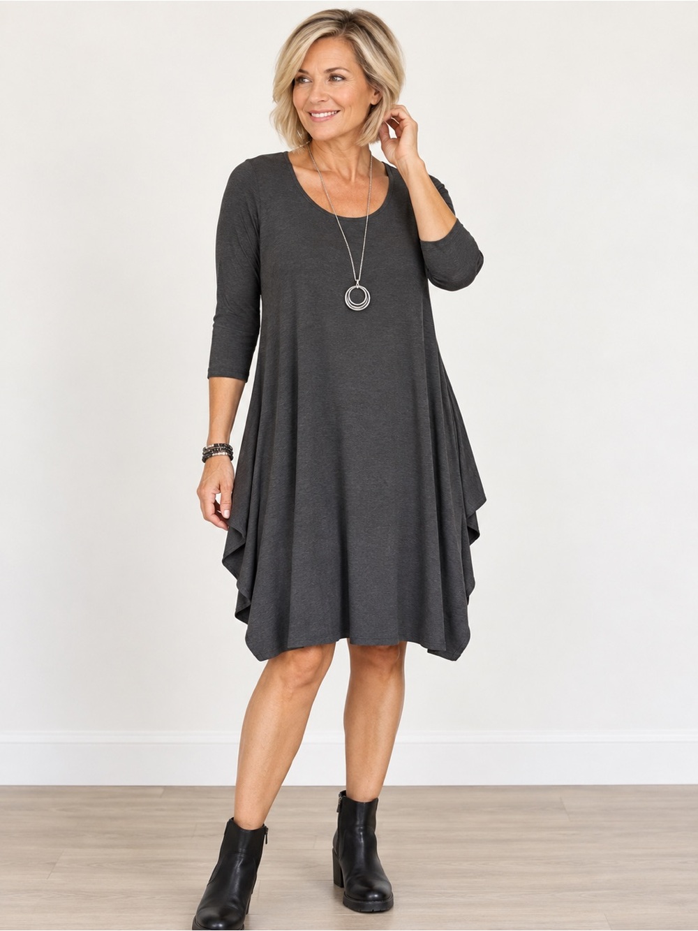 URBANOLOGY NWT Pure Essence Charcoal Grey Asymmetrical 3/4 Sleeve Dress size M
